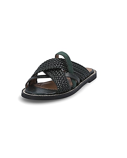 360 degree animation of product Dark green woven strap flat mules frame-23