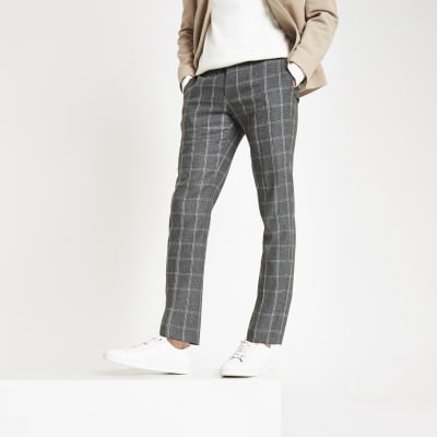 Dark grey check skinny fit smart trousers