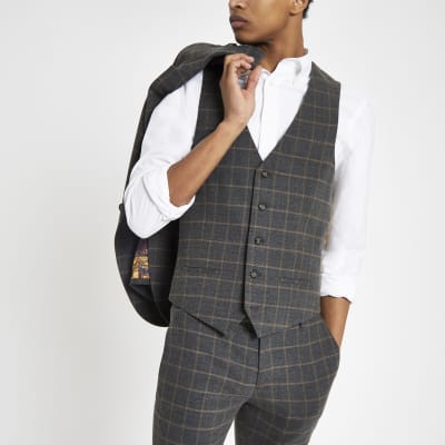 Dark grey check suit waistcoat