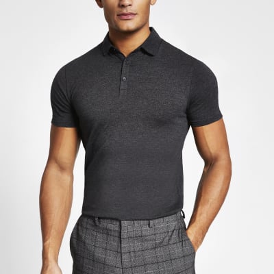 Dark grey essential muscle fit polo 