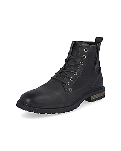 360 degree animation of product Dark grey leather zip up boots frame-0