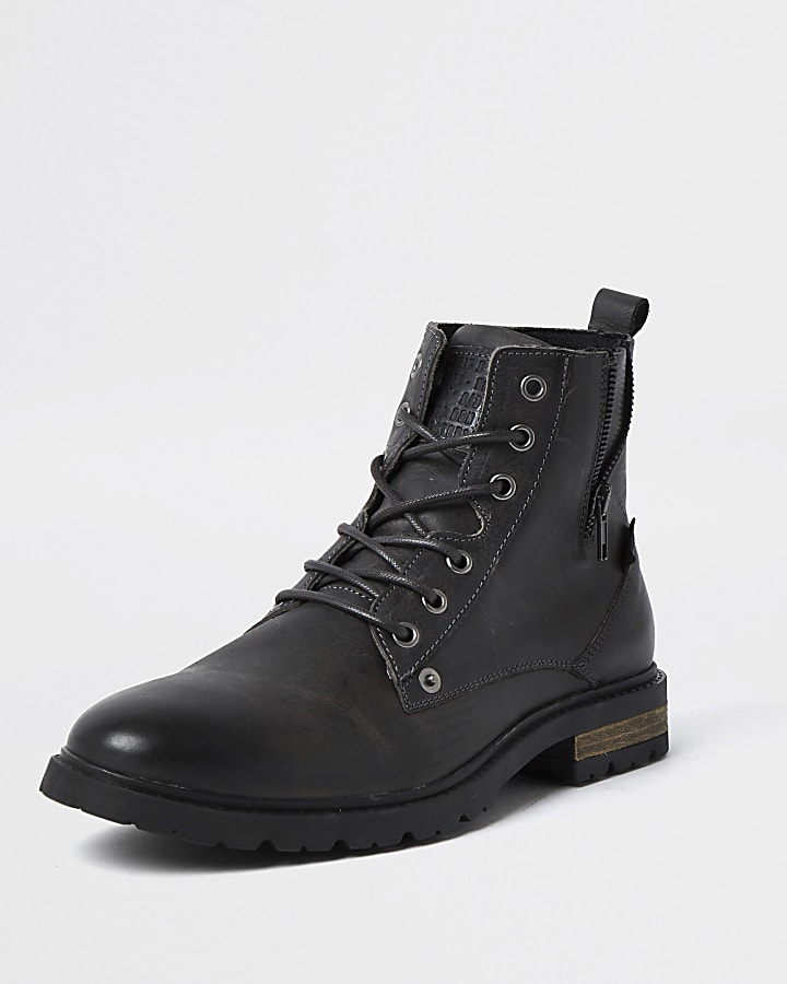 Dark grey leather zip up boots