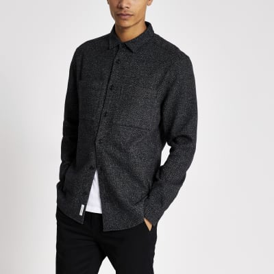 Dark grey textured long sleeve shirt | River Island