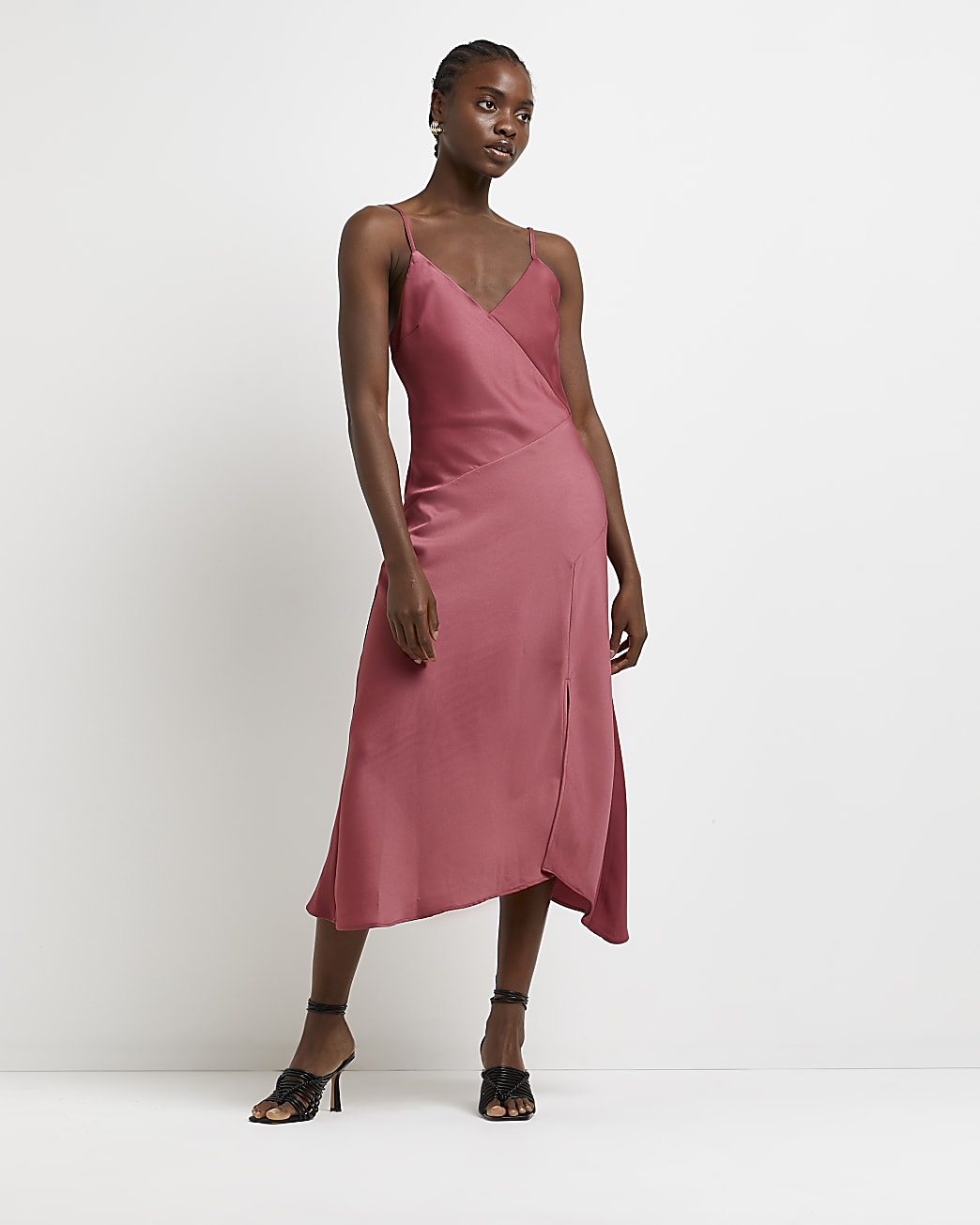 Dark pink asymmetric midi slip dress