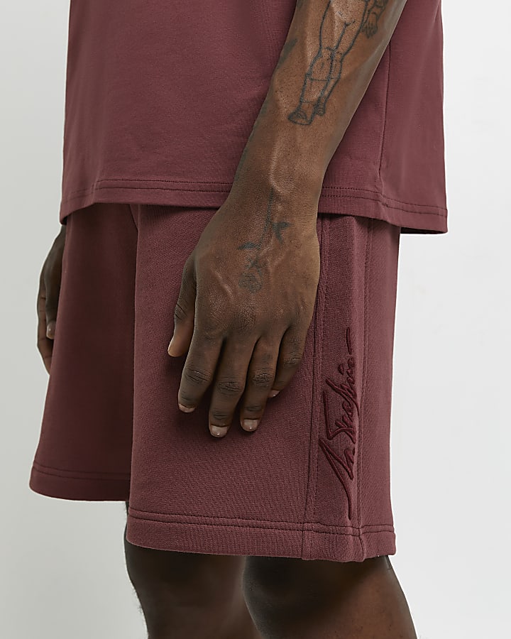 Dark pink regular fit embroidered shorts