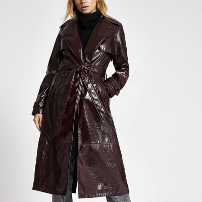 Dark purple vinyl belted trench coat | River Island