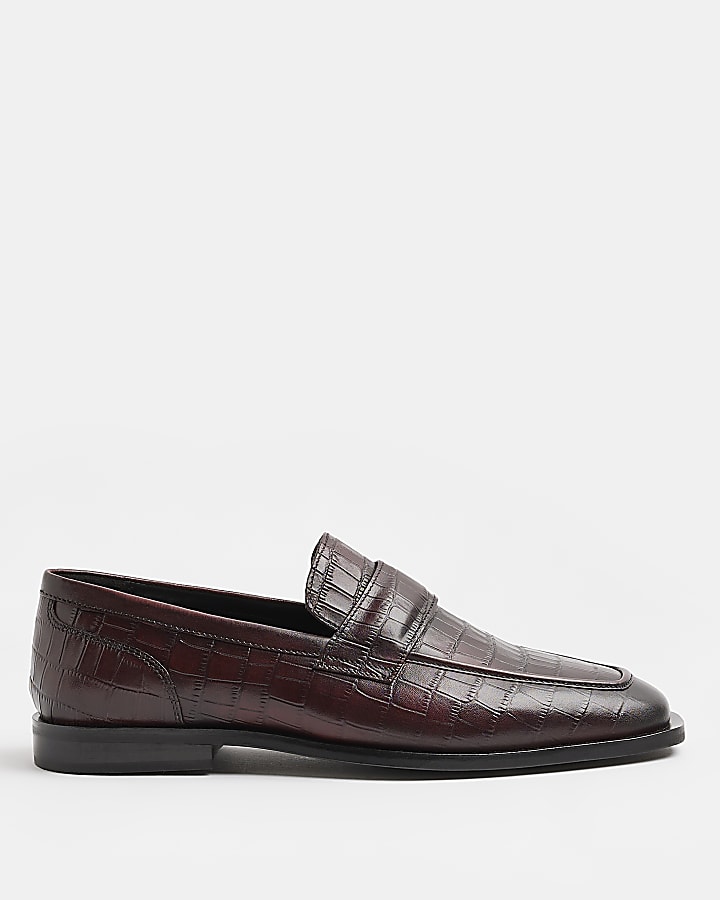 Dark red croc leather loafers