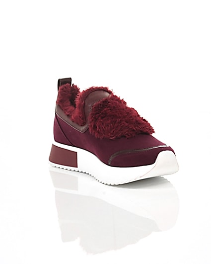 360 degree animation of product Dark red faux fur slip-on runner trainers frame-6