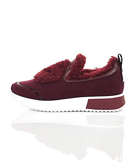 360 degree animation of product Dark red faux fur slip-on runner trainers frame-21