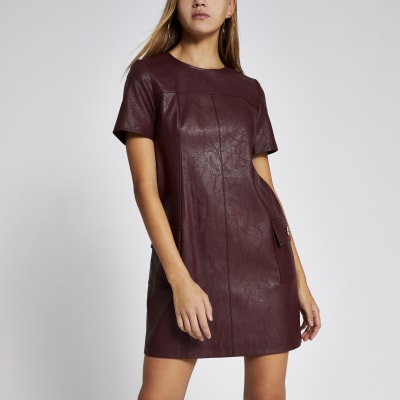 Dark red faux leather swing mini dress 