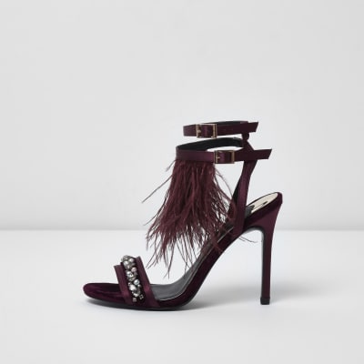Dark red feather embellished sandals