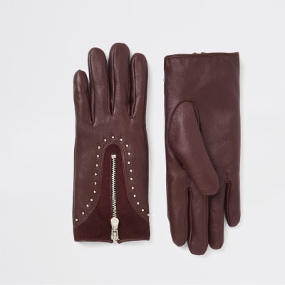 Dark red leather studded zip gloves