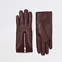 Dark red leather studded zip gloves