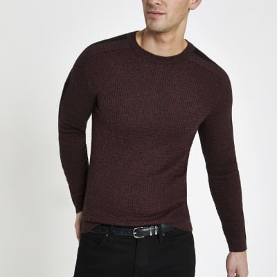 Dark red muscle fit cable knit jumper