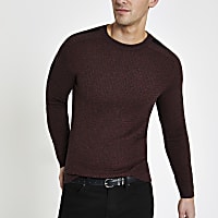 Dark red muscle fit cable knit jumper