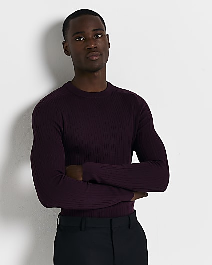 Dark Red Muscle fit ribbed jumper