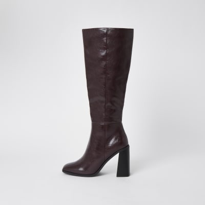 red leather block heel boots
