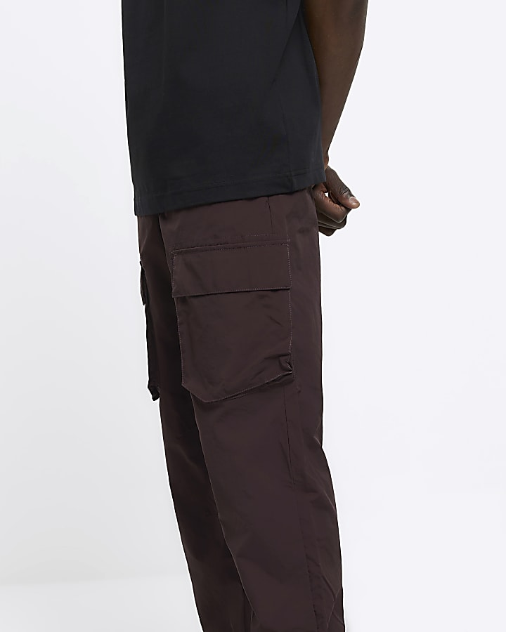 Dark red regular fit nylon cargo trousers
