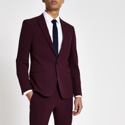 Dark red stretch skinny suit jacket | River Island
