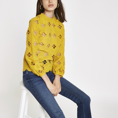 Dark yellow broderie long sleeve top
