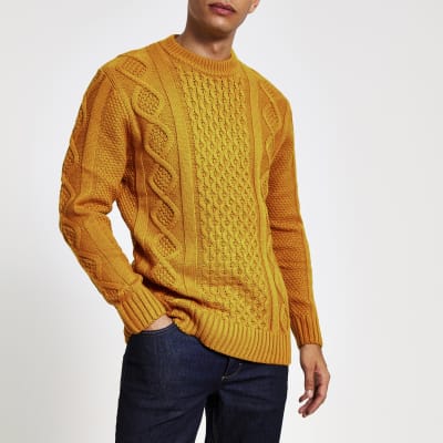 Dark yellow cable knit crew neck jumper River Island