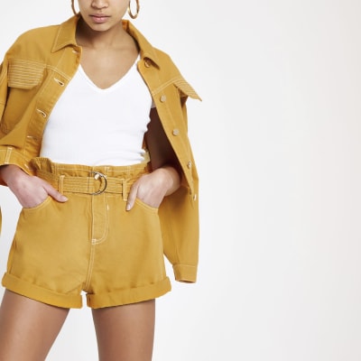 Dark yellow paperbag denim shorts