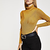 Dark yellow ribbed knit roll neck top