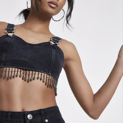 Denim bead tassel hem bralet