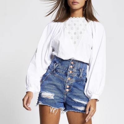 high waisted distressed denim shorts