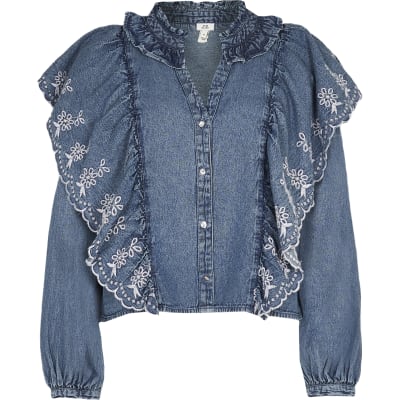 Denim long sleeve denim frill blouse
