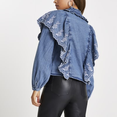 Denim long sleeve denim frill blouse