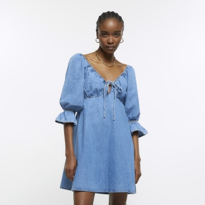 Denim puff sleeve mini dress | River Island