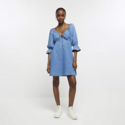 Zara denim dress store with balloon sleeves