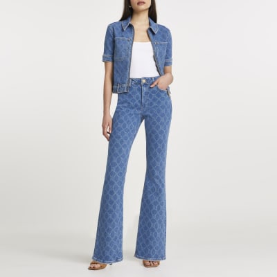 Denim RI monogram mid rise flared jean