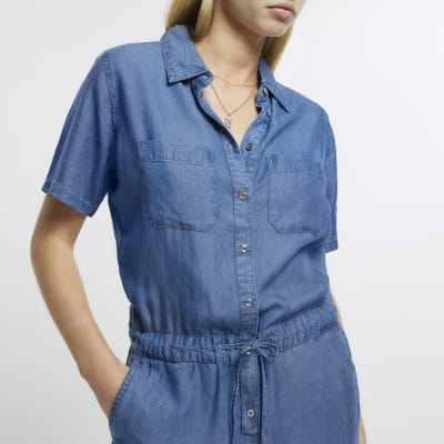 Denim short sleeve jumpsuit River Island