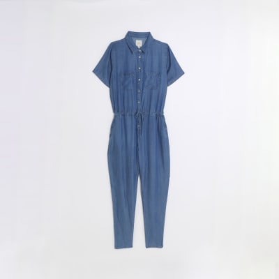 Denim short sleeve jumpsuit River Island