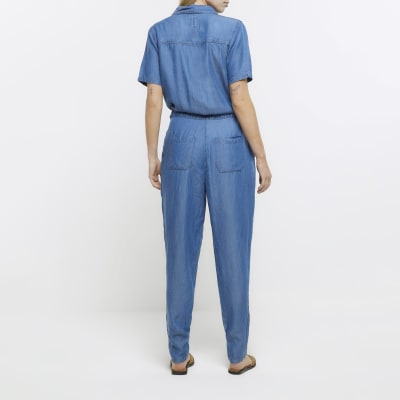 Denim short sleeve jumpsuit River Island