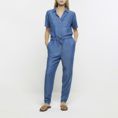 River Island Womens Petite Blue utility denim jumpsuit