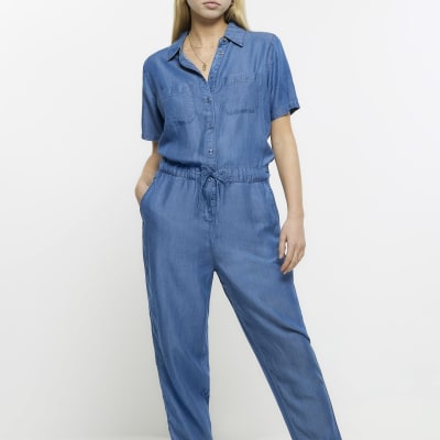 Denim short sleeve jumpsuit River Island