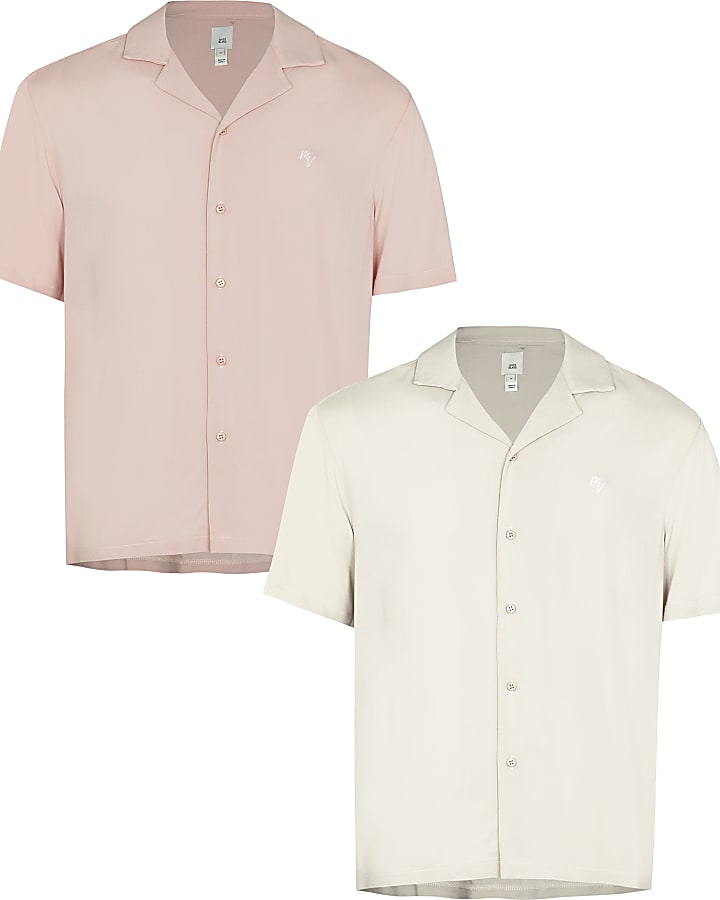 Ecru & pink multipack slim revere shirts