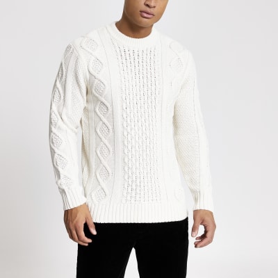 Ecru cable knit crew neck jumper River Island