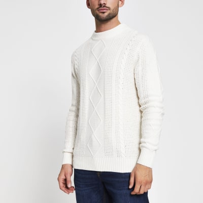Ecru cable knit slim fit jumper River Island