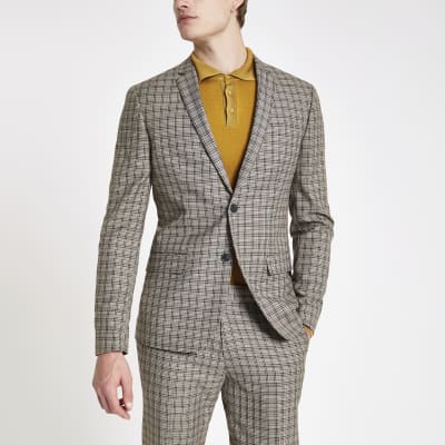 Ecru check skinny fit suit jacket