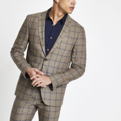 Ecru check skinny fit suit jacket