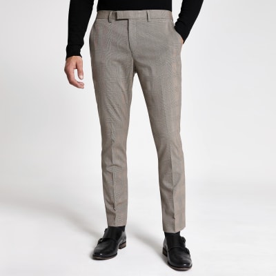 Ecru check stretch skinny suit trousers 