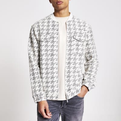Ecru check textured bomber jacket