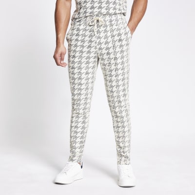 Ecru dogtooth check textured slim fit joggers