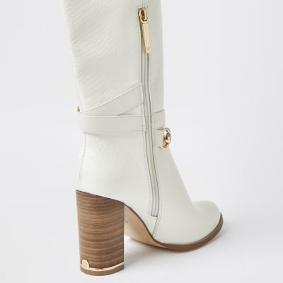 Ecru faux leather wood block heel boots