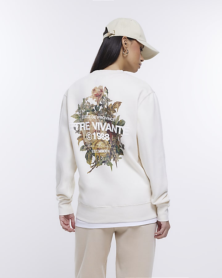 Ecru floral graphic print sweatshirt