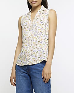 Ecru floral sleeveless shirt